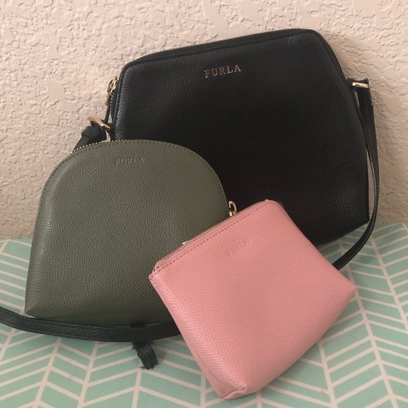 FURLA Extra Large Boheme Leather Crossbody Purse Pouch Set Black, Green, & Pink - Picture 1 of 13